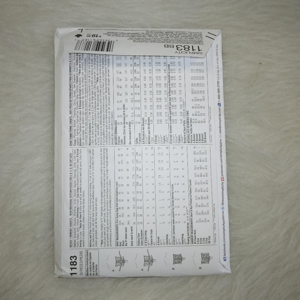 SIMPLICITY 1183 Sz 20W-28W Women's Corsets Cup sizes A B C D DD